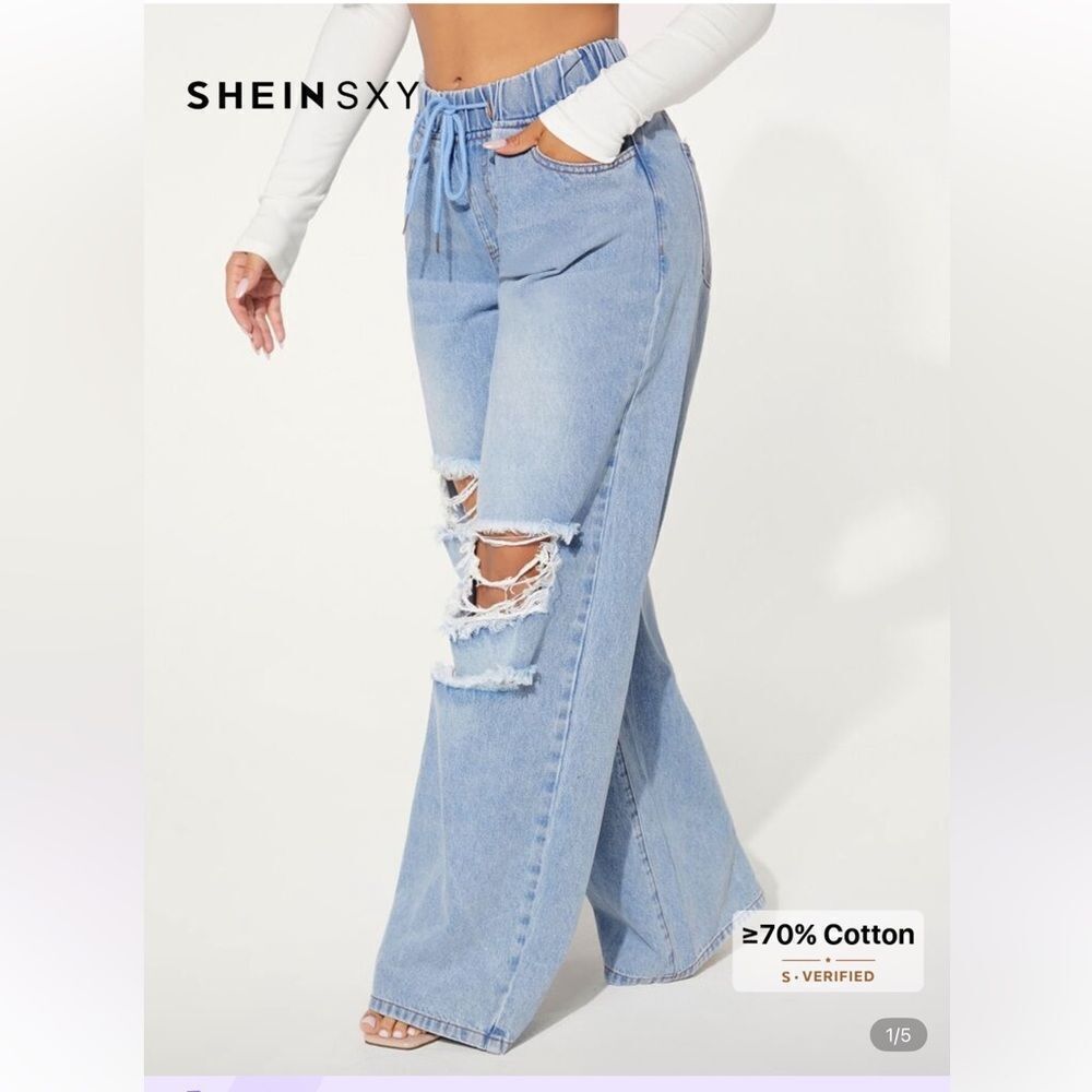 Drawstring Waist Ripped Wide Leg Jeans Large 8/10 - Picture 1 of 7